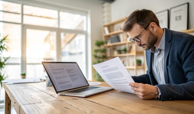 Business owner reviewing a data protection policy document in a modern UK office