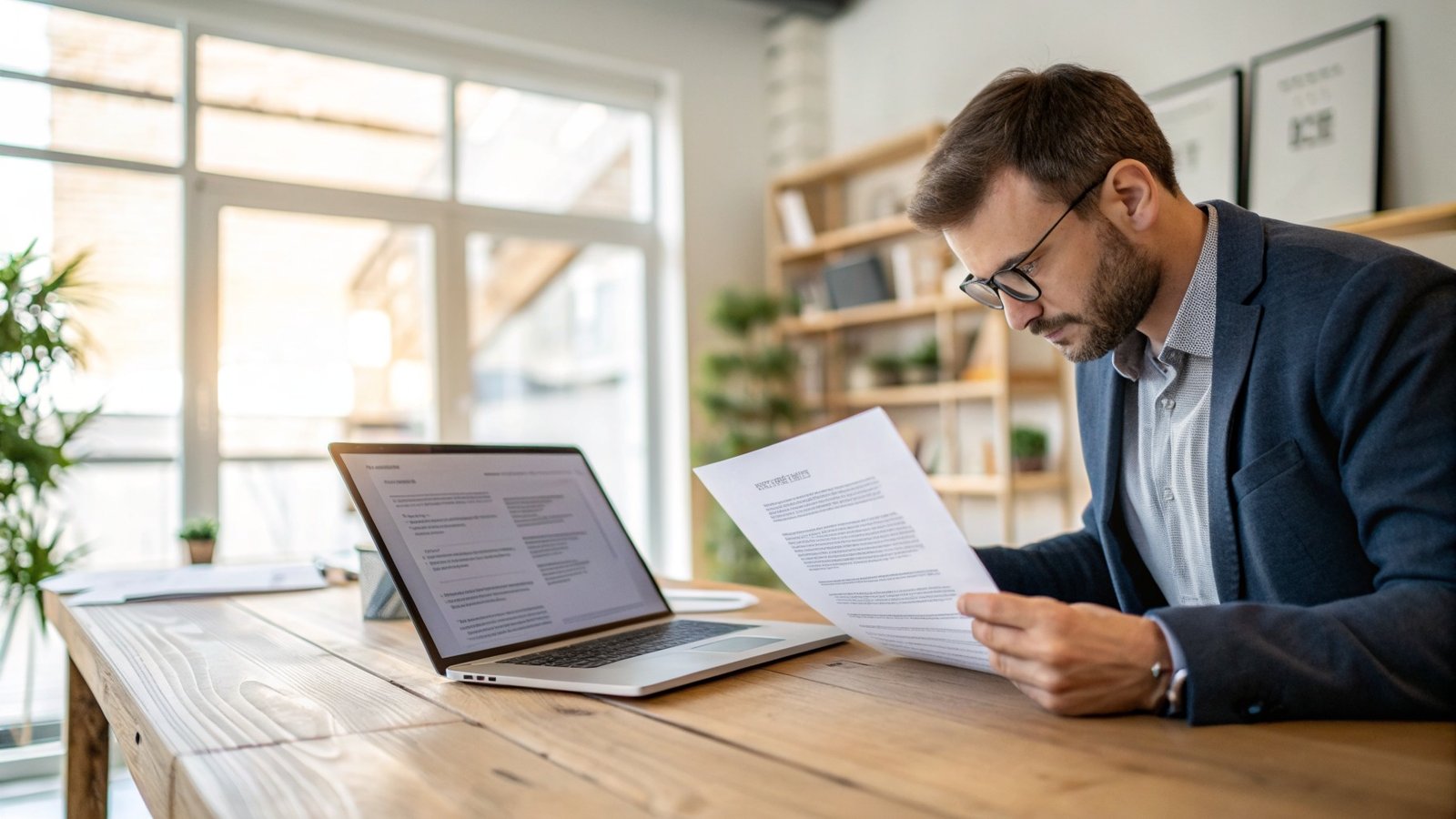 Business owner reviewing a data protection policy document in a modern UK office