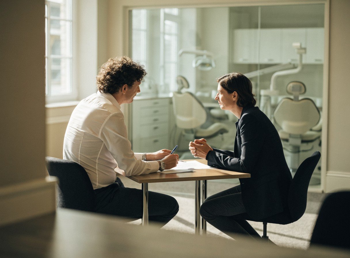 Dentist and solicitor reviewing paperwork before buying a dental practice