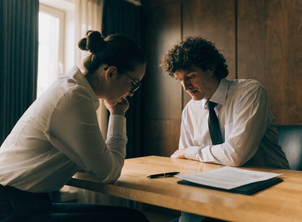 Dentist and solicitor reviewing a dental practice sale and purchase agreement