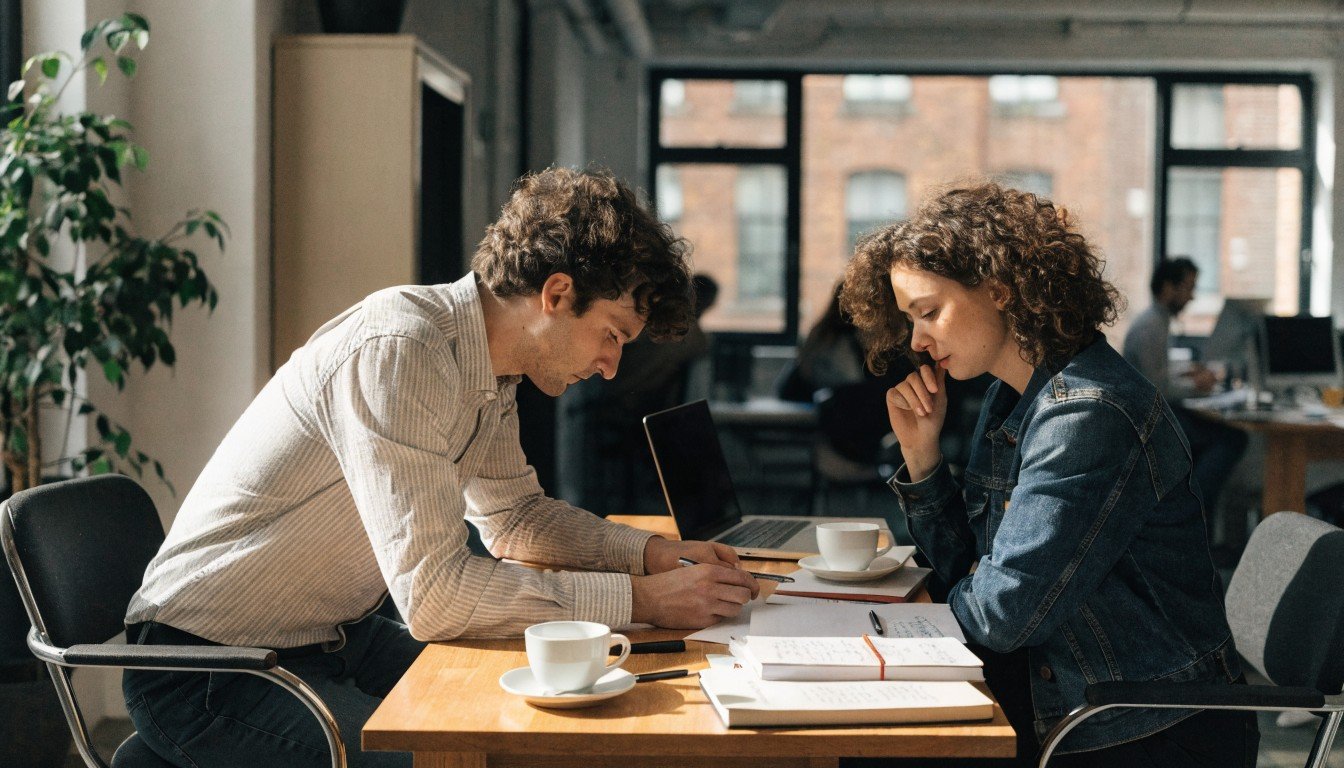 Two startup founders reviewing legal paperwork together at a desk in a London co-working office