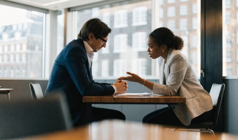 Solicitor meeting with a client to discuss an unfair dismissal case in a London office
