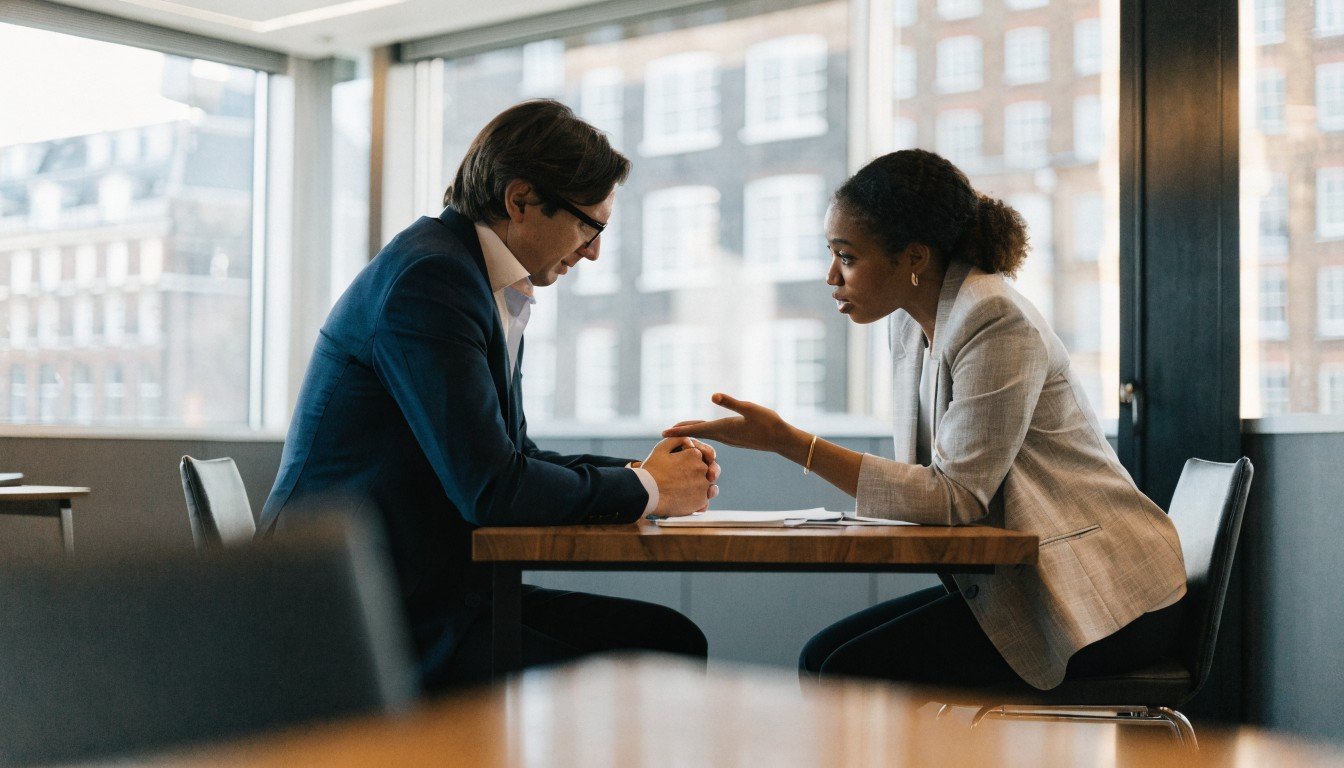 Solicitor meeting with a client to discuss an unfair dismissal case in a London office
