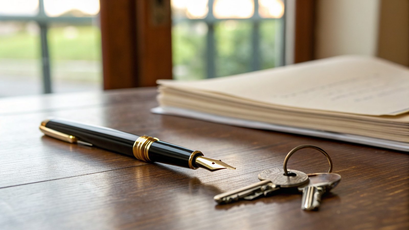 A pen, keys and a closed bundle of completion documents on a desk