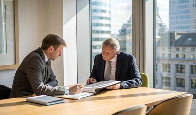 A business owner and a solicitor reviewing a company share register and corporate documents in a London meeting room