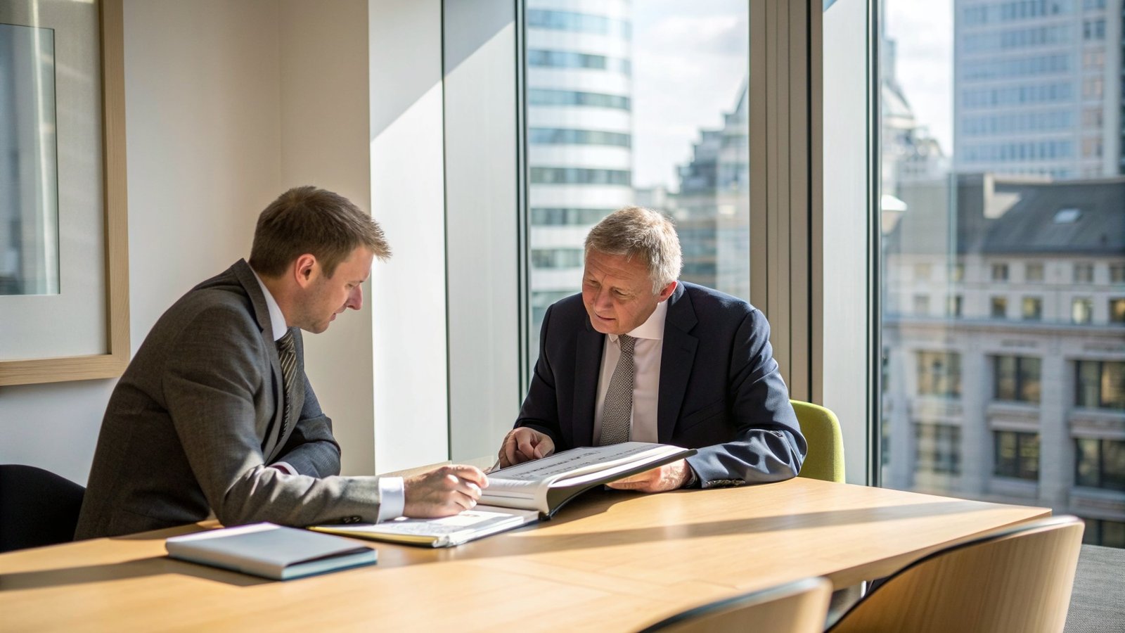 A business owner and a solicitor reviewing a company share register and corporate documents in a London meeting room