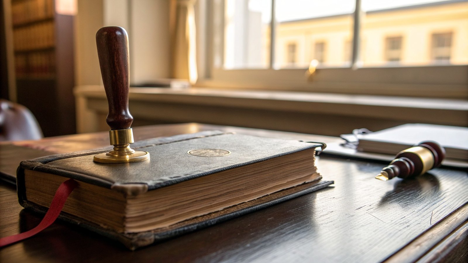 A closed company ledger and seal press on a solicitor's desk