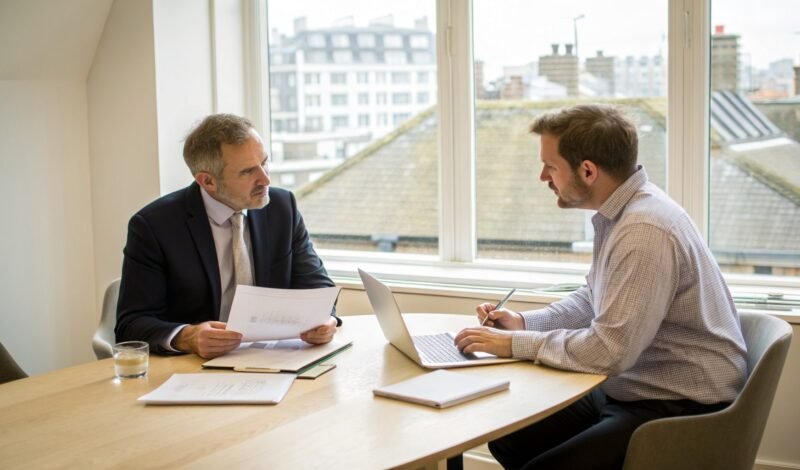Two business owners reviewing acquisition documents together in a London meeting room