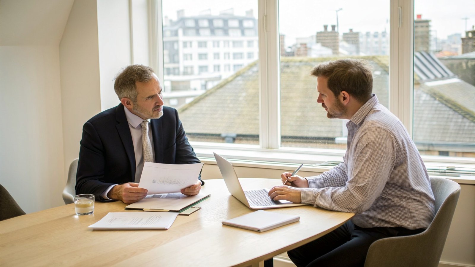 Two business owners reviewing acquisition documents together in a London meeting room