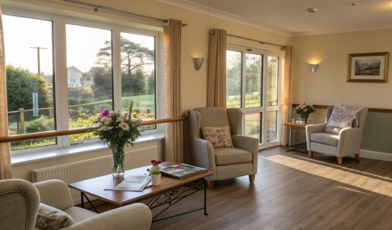 Empty lounge in a well-maintained UK residential care home in afternoon light
