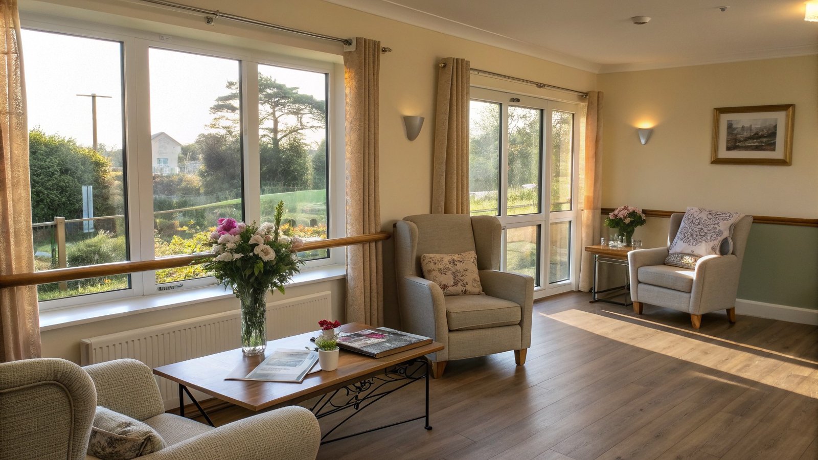 Empty lounge in a well-maintained UK residential care home in afternoon light