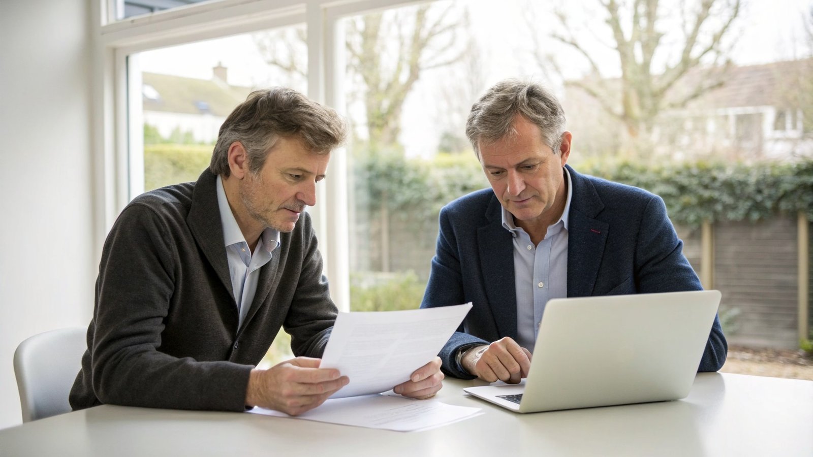 Two business owners discussing a care home purchase across a table