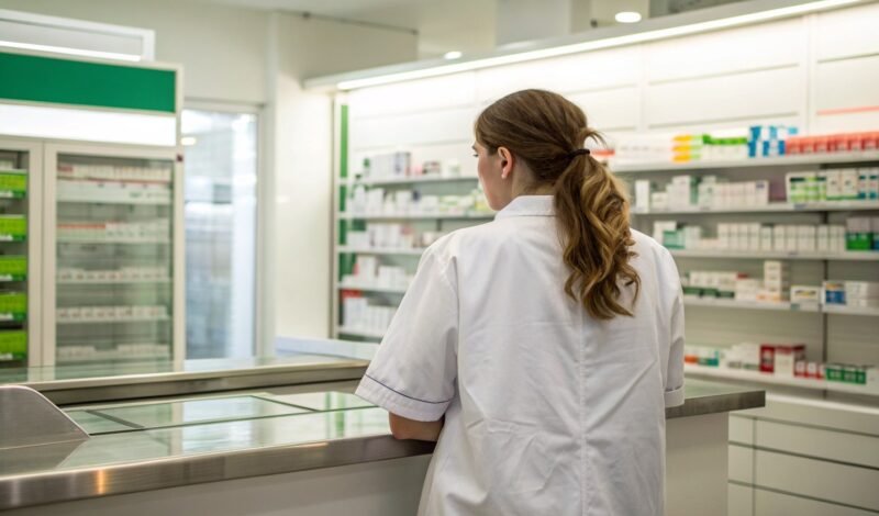 Pharmacist checking a prescription at the dispensing bench of an independent community pharmacy