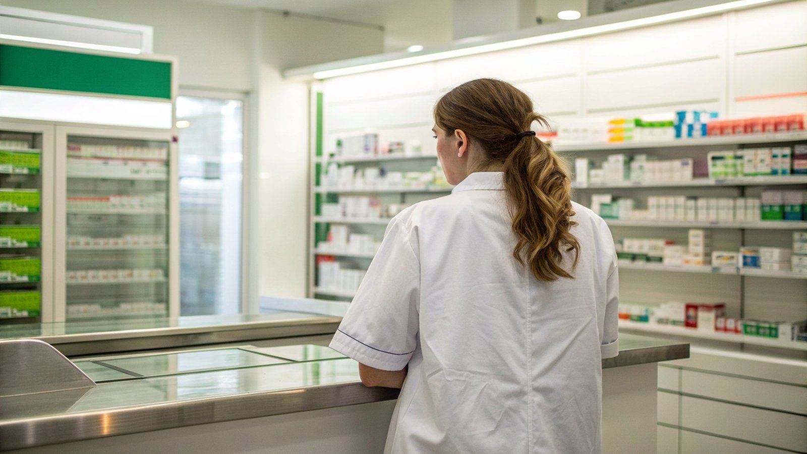 Pharmacist checking a prescription at the dispensing bench of an independent community pharmacy