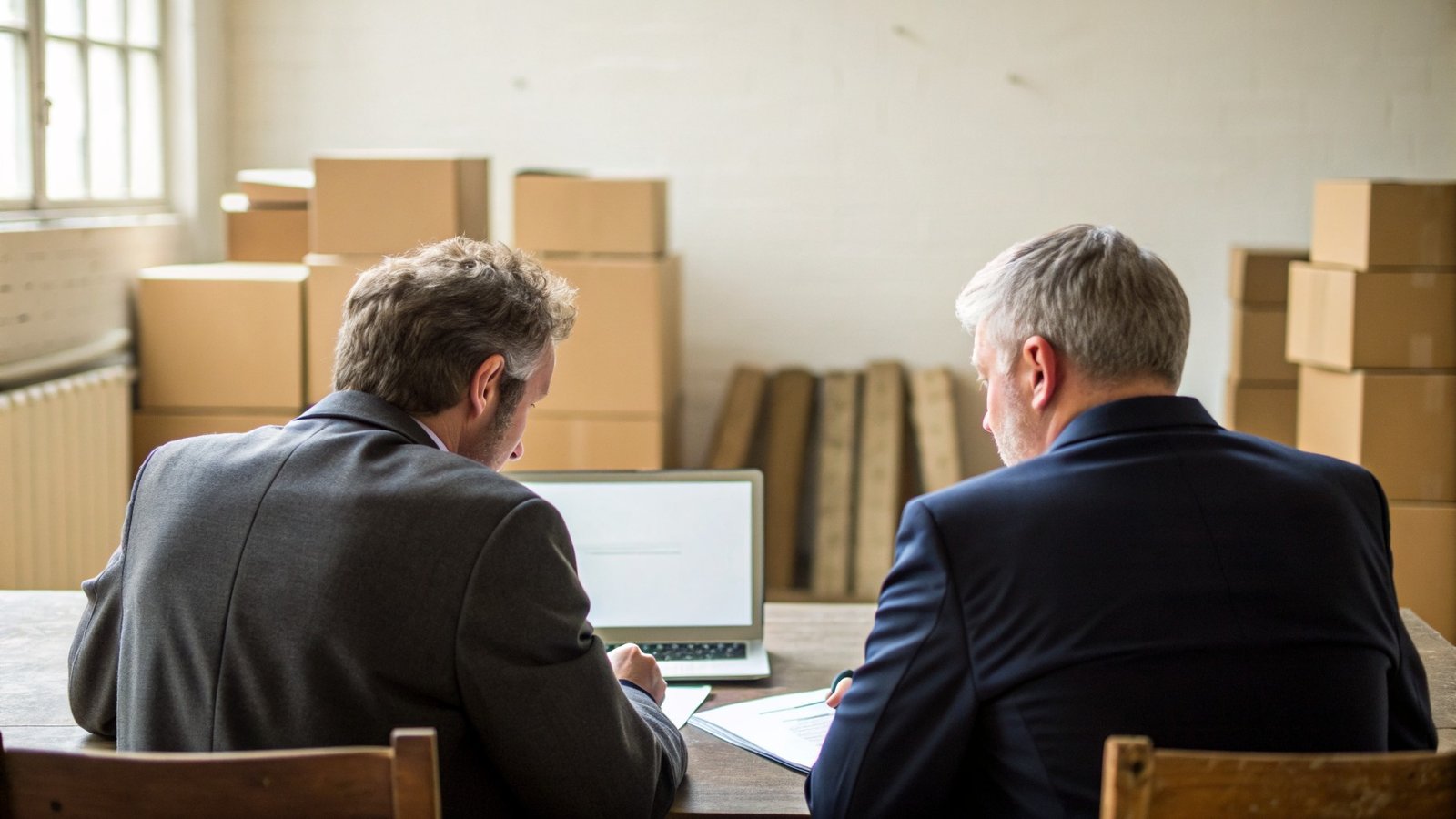 A buyer and an adviser reviewing pharmacy purchase documents in a back office