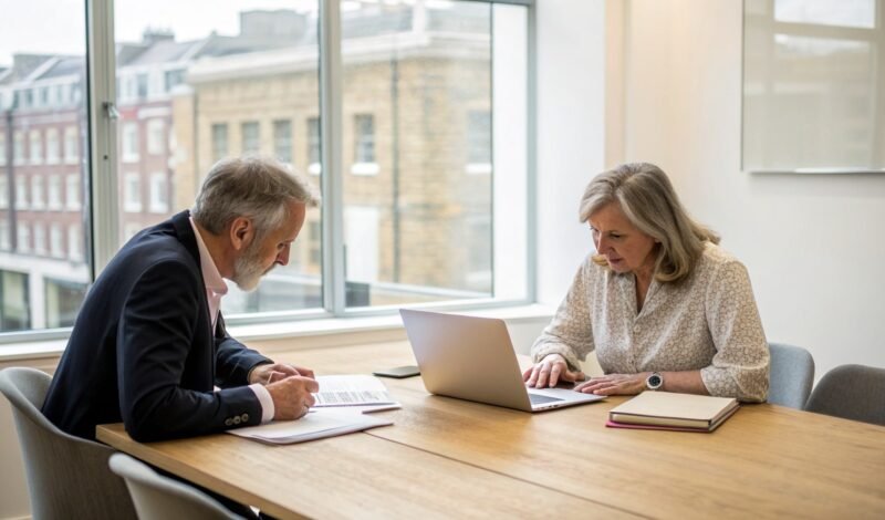 Business owner and accountant reviewing company accounts together in a London meeting room