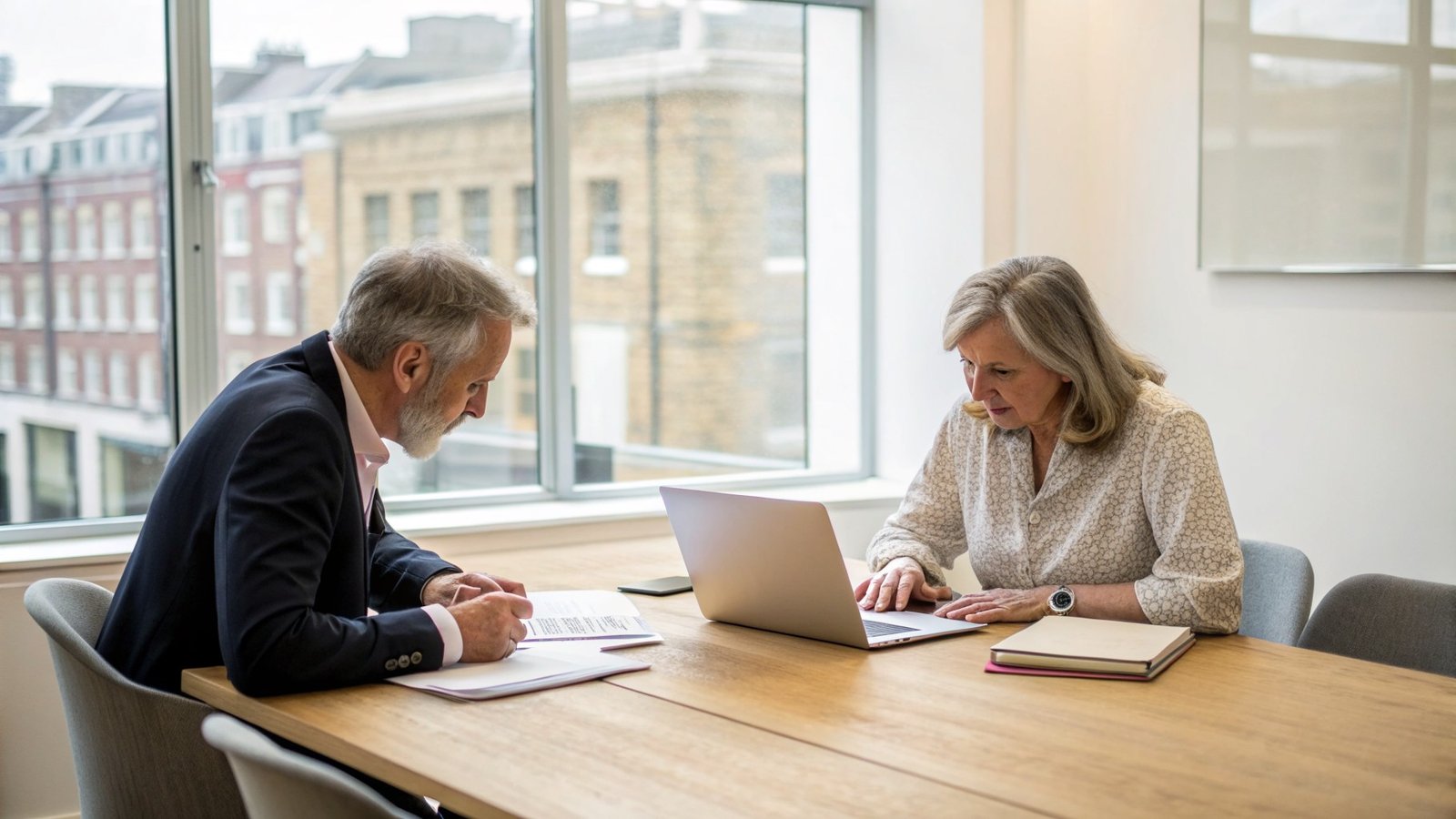 Business owner and accountant reviewing company accounts together in a London meeting room