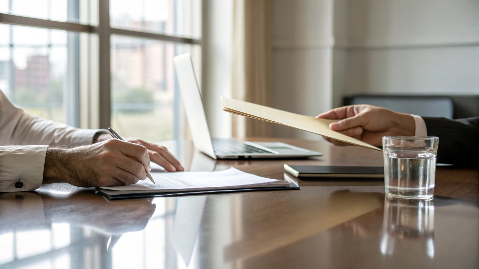 Hands exchanging transaction documents across a boardroom table during a business sale