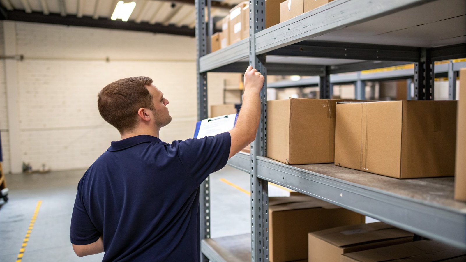 Staff member carrying out a stock count in a small business warehouse