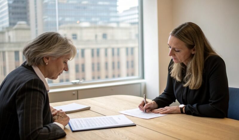 Business owner and solicitor reviewing a business sale agreement in a London meeting room