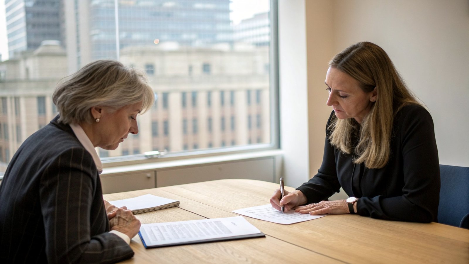 Business owner and solicitor reviewing a business sale agreement in a London meeting room