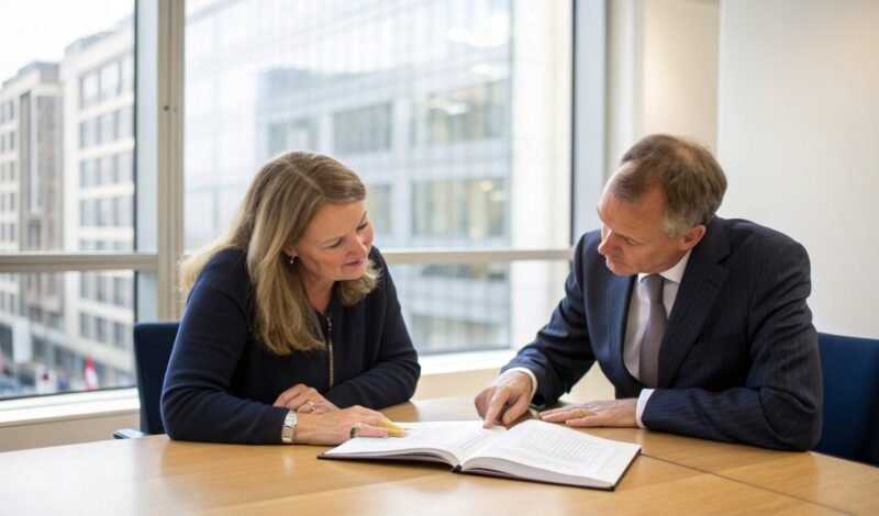 Business owners and a solicitor reviewing a disclosure letter and bundle across a meeting table