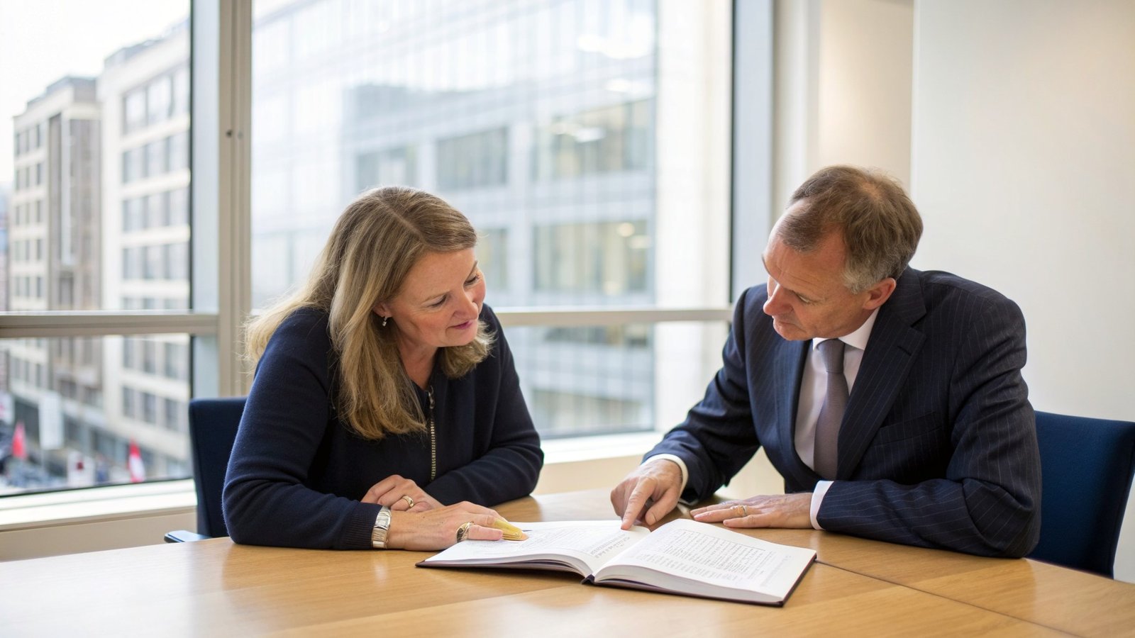 Business owners and a solicitor reviewing a disclosure letter and bundle across a meeting table