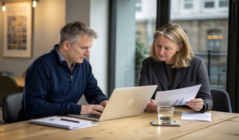 Business owners and a solicitor reviewing financial statements across a meeting room table while negotiating an earn-out