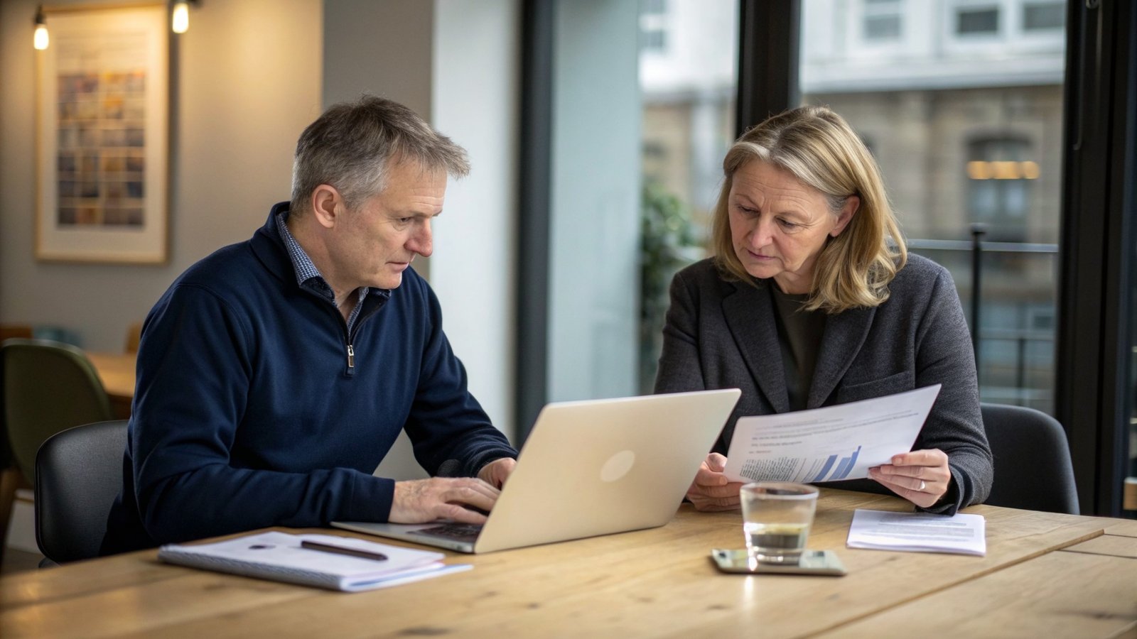 Business owners and a solicitor reviewing financial statements across a meeting room table while negotiating an earn-out