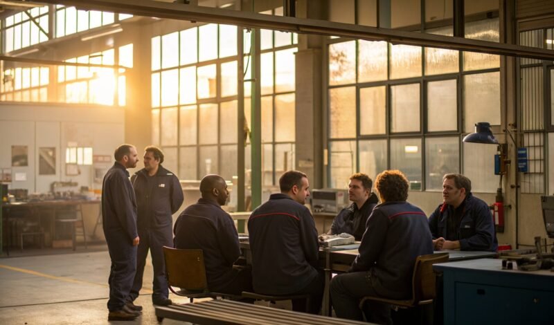 Employees of a UK manufacturing business gathered together on the shop floor, with a meeting room visible behind them