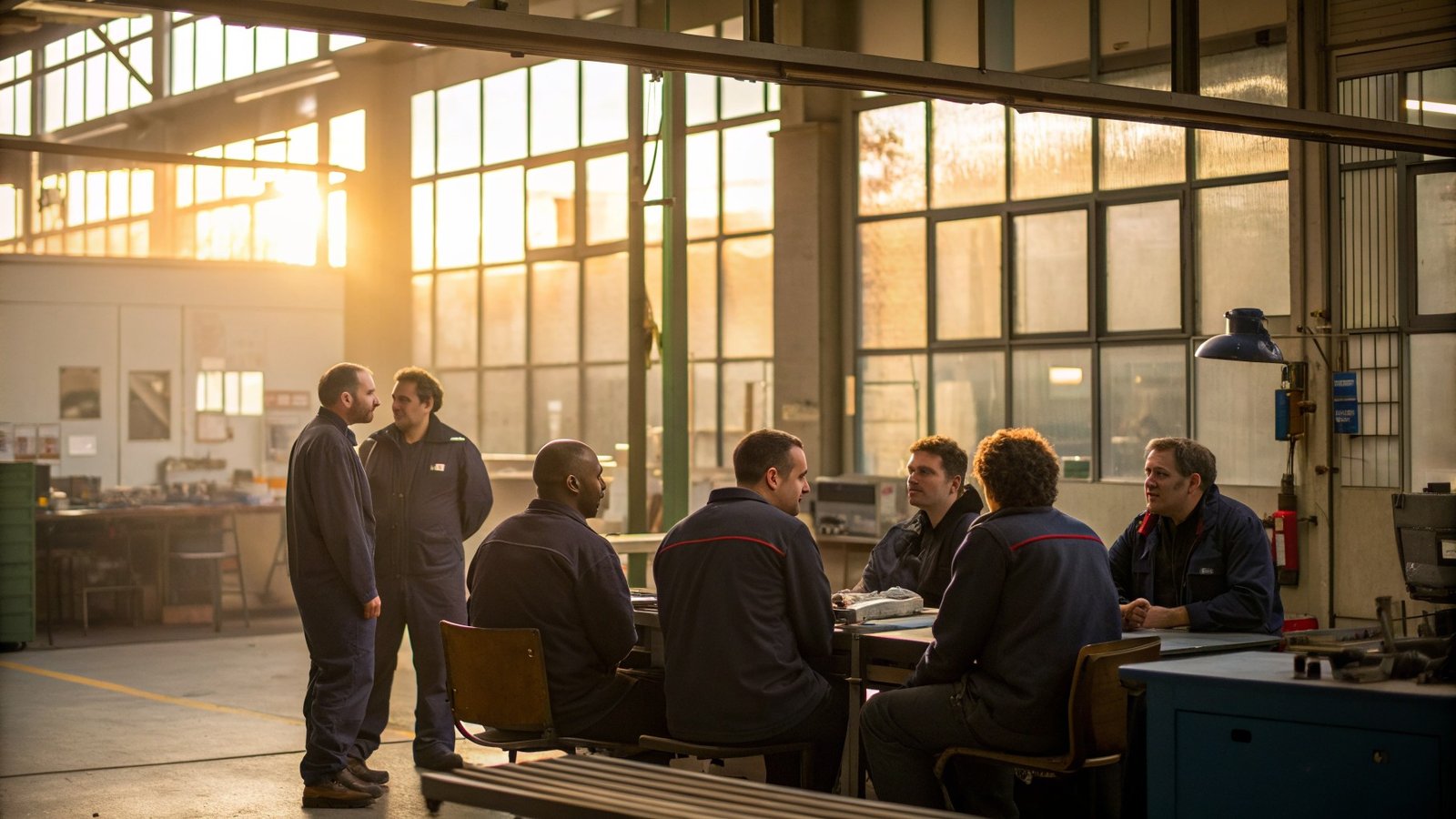 Employees of a UK manufacturing business gathered together on the shop floor, with a meeting room visible behind them