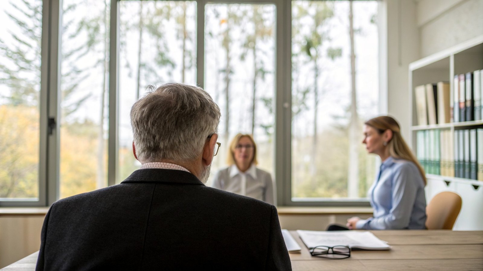 A business owner discussing an exit with advisers across a meeting room table