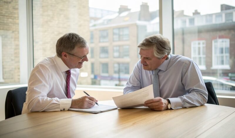 Two business owners reviewing an exclusivity agreement across a table in a London meeting room
