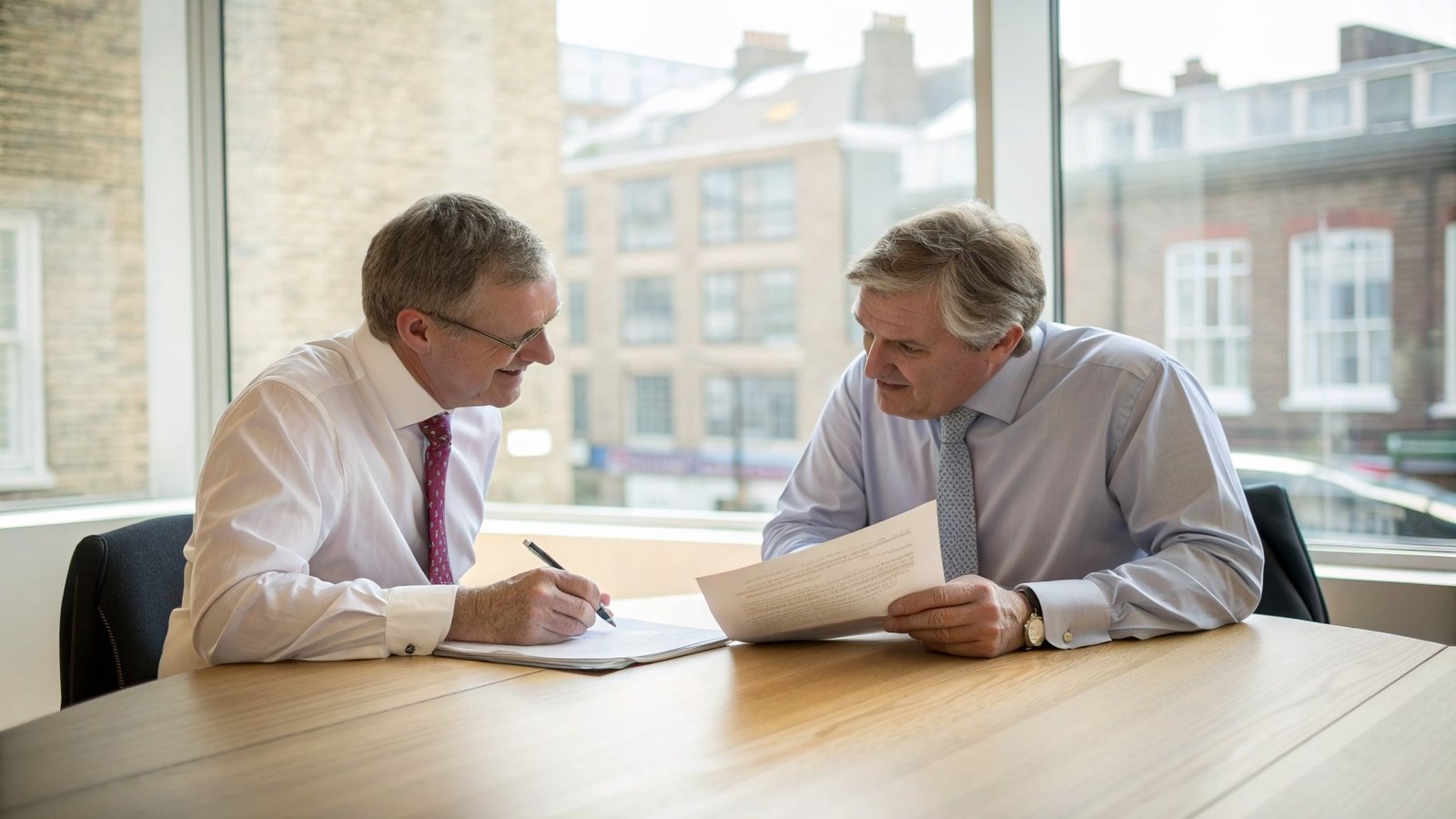 Two business owners reviewing an exclusivity agreement across a table in a London meeting room