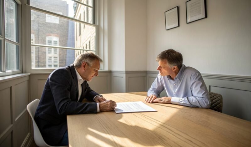 Two business owners reviewing a printed document across a table in a London meeting room