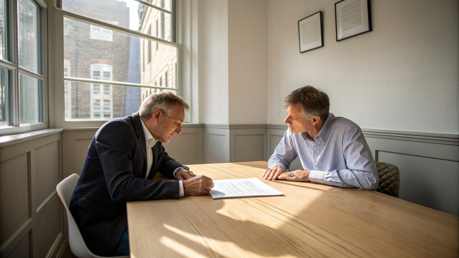 Two business owners reviewing a printed document across a table in a London meeting room