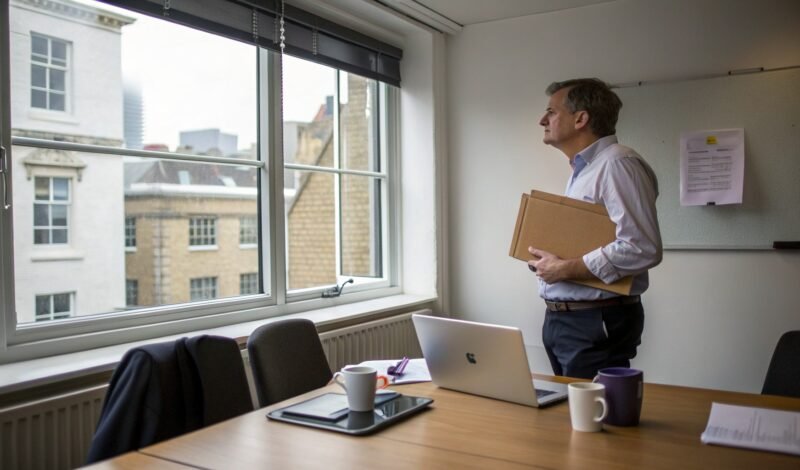 Business owner standing at a London office window considering the timetable for selling their company