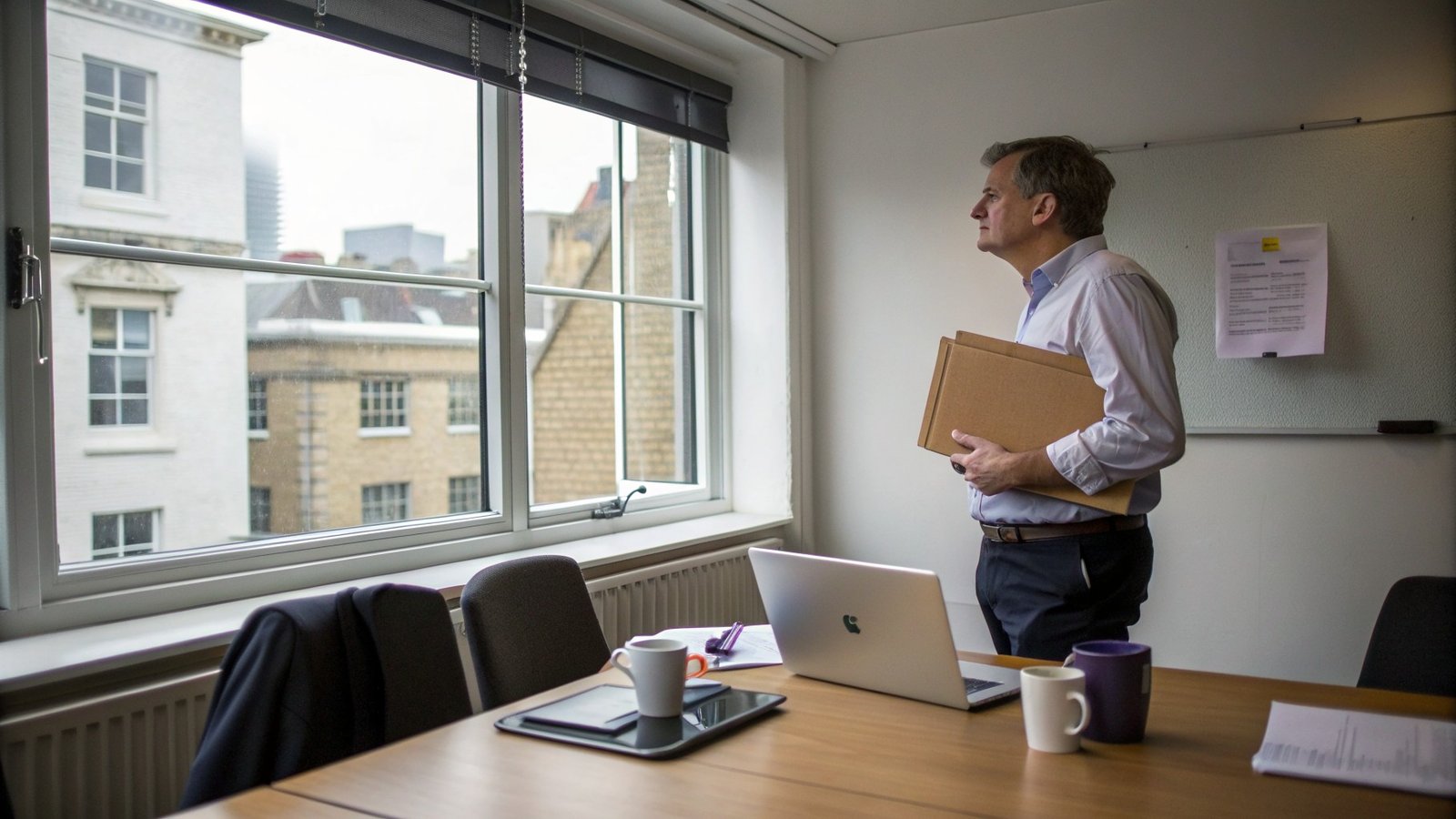 Business owner standing at a London office window considering the timetable for selling their company