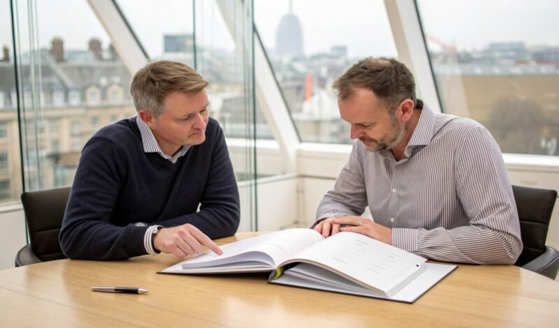 Two business owners reviewing acquisition documents together across a meeting table in a London office
