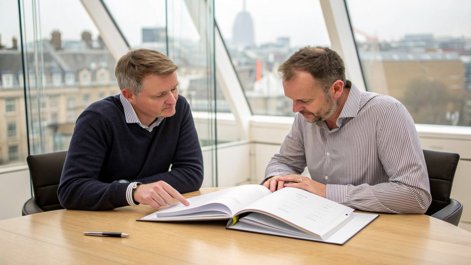 Two business owners reviewing acquisition documents together across a meeting table in a London office