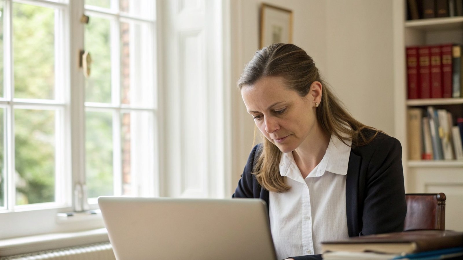 A solicitor working through due diligence replies at a laptop