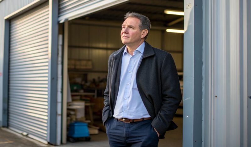Business owner standing in the doorway of their commercial premises while considering selling the business