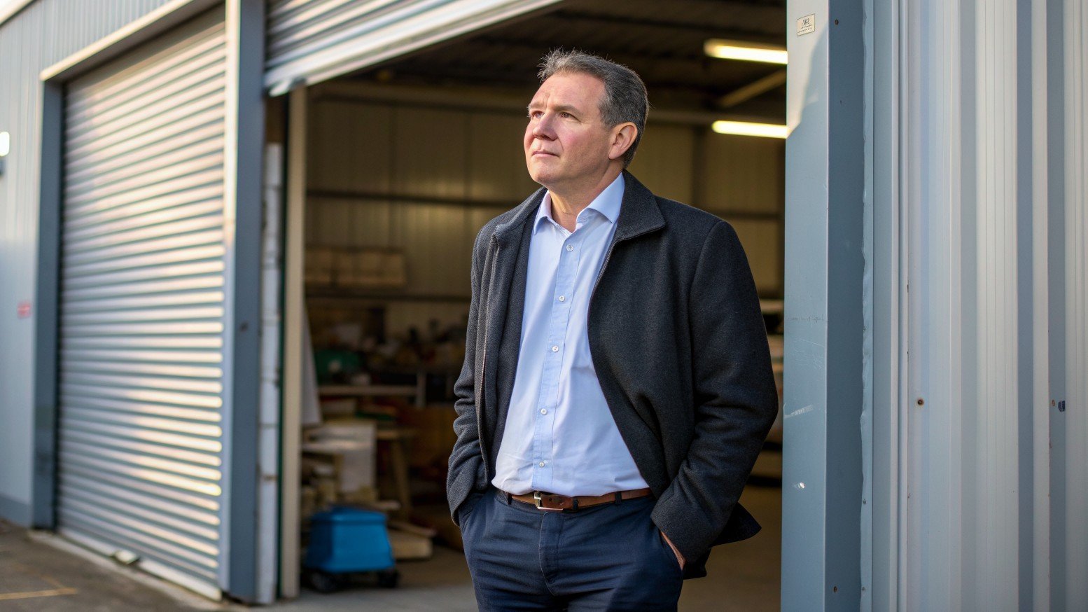 Business owner standing in the doorway of their commercial premises while considering selling the business