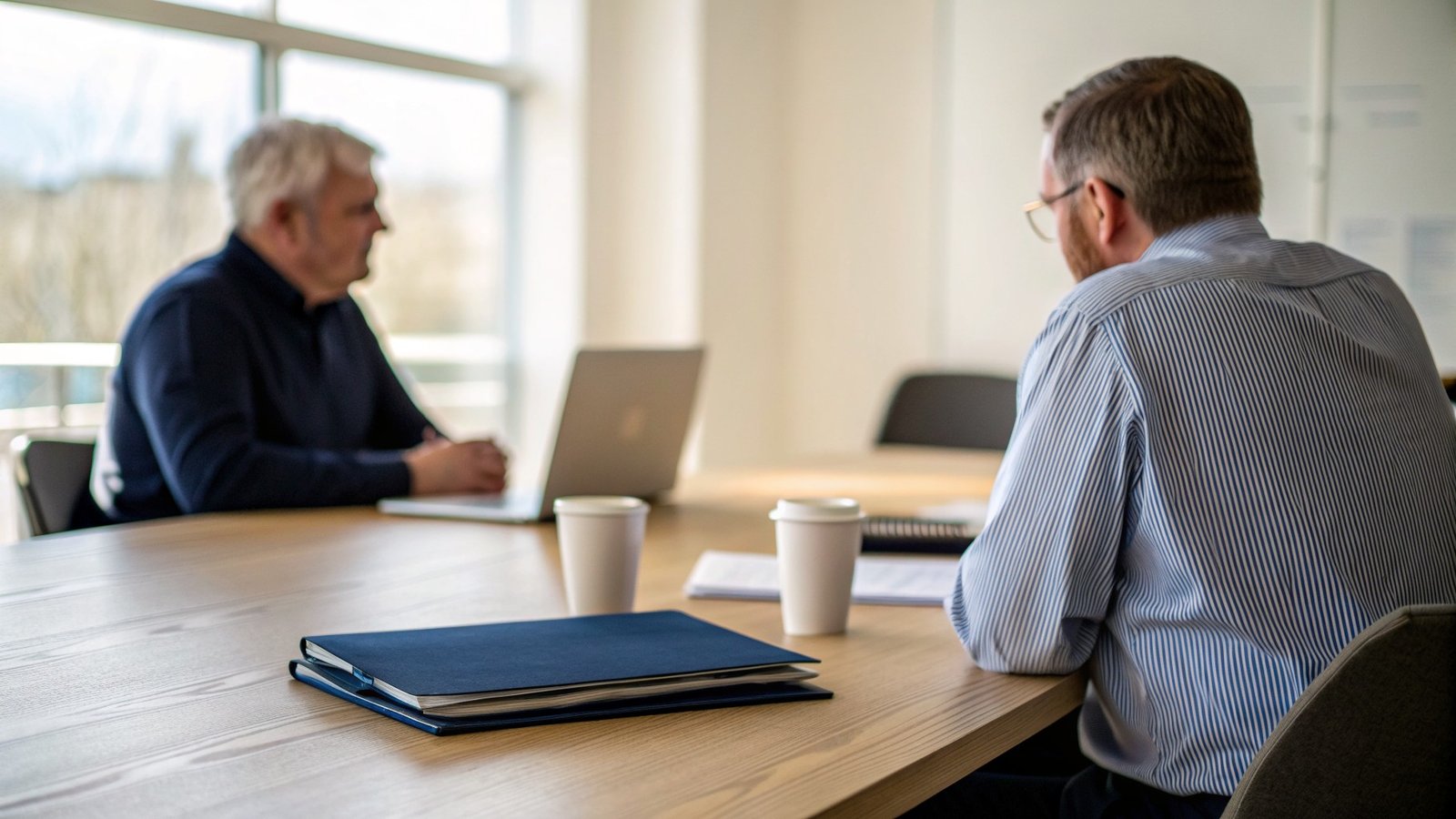 Business owner reviewing a sale agreement with a solicitor in a meeting room