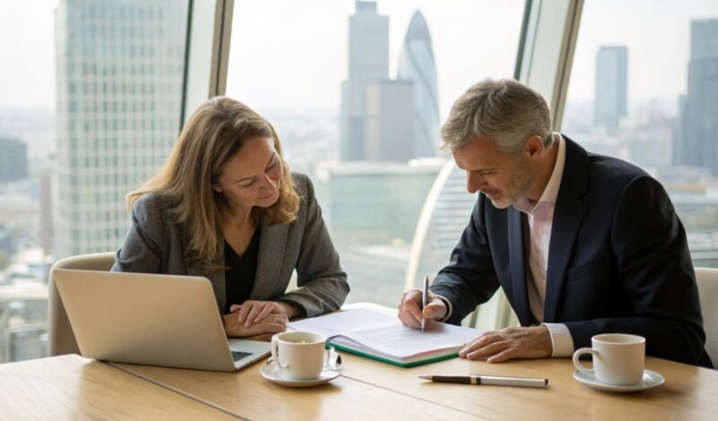 A solicitor and a business owner reviewing a bound share purchase agreement together in a London boardroom