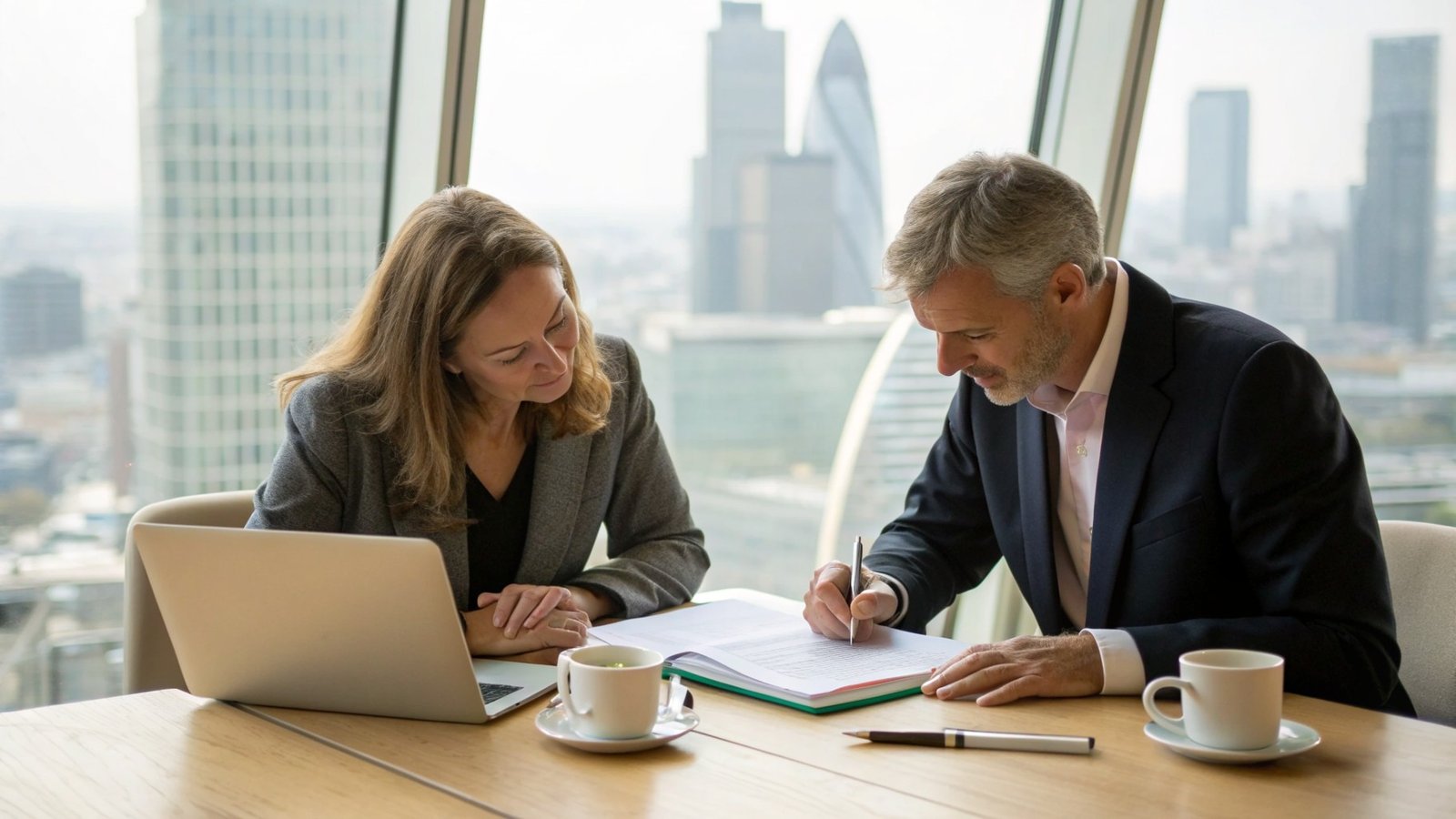 A solicitor and a business owner reviewing a bound share purchase agreement together in a London boardroom