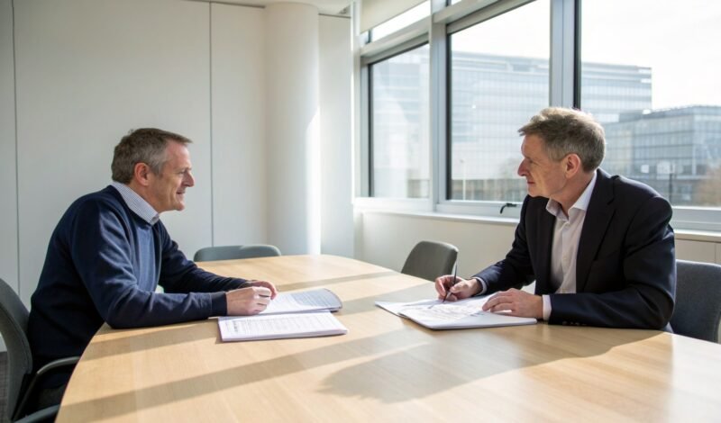 Two business owners discussing a company sale across a meeting table in a London solicitors' office