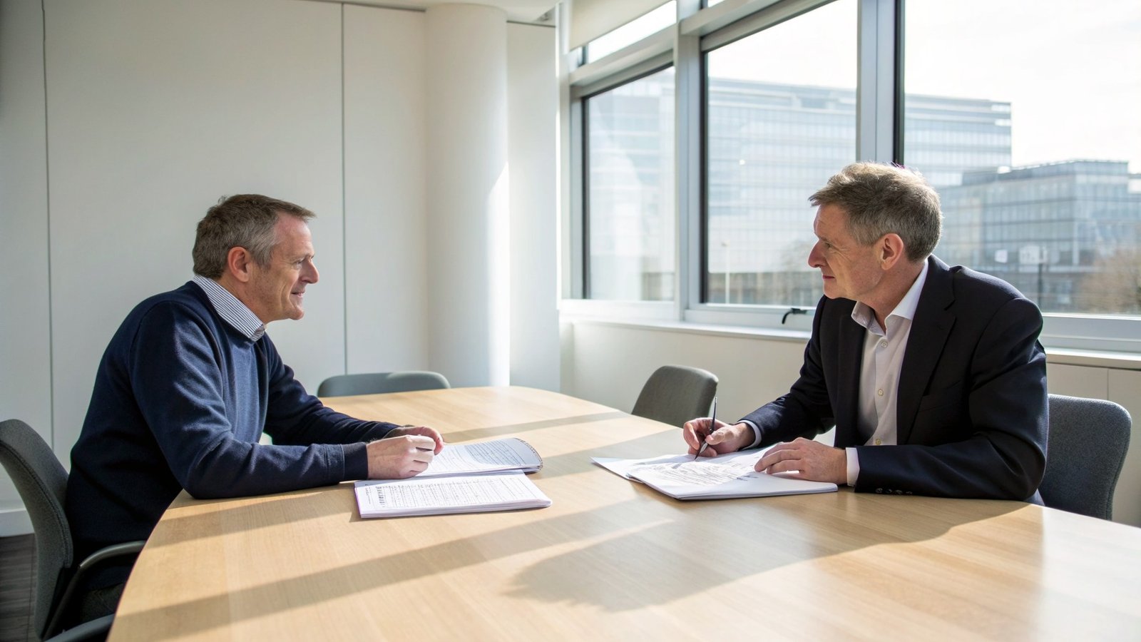 Two business owners discussing a company sale across a meeting table in a London solicitors' office