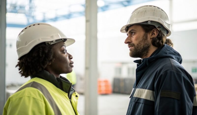 Two employees in work clothing talking on site during a business transfer