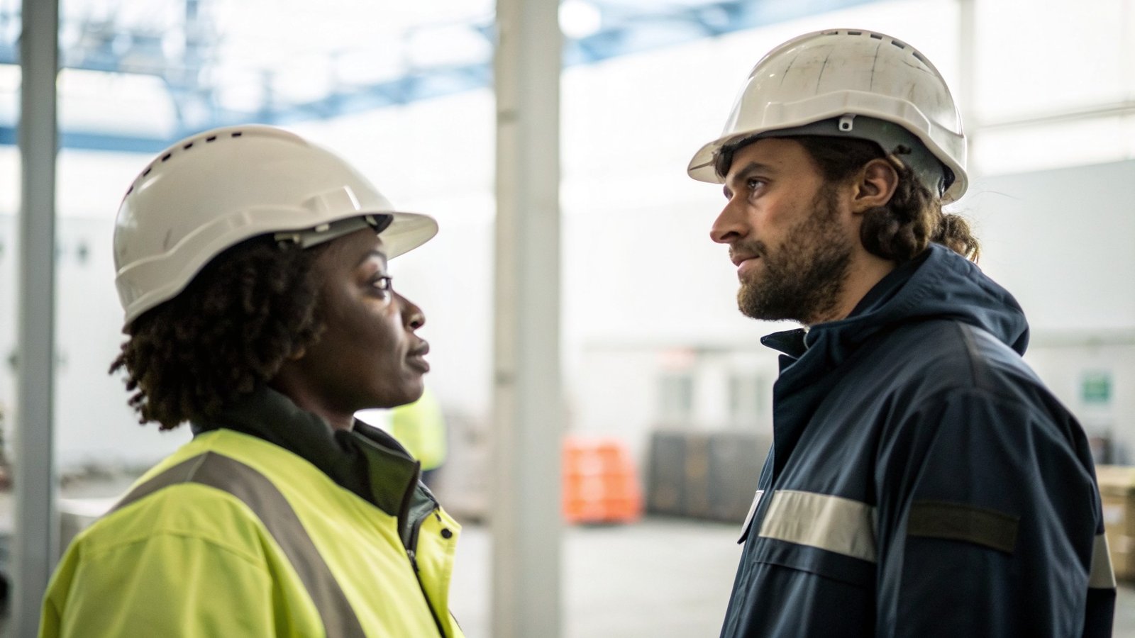 Two employees in work clothing talking on site during a business transfer